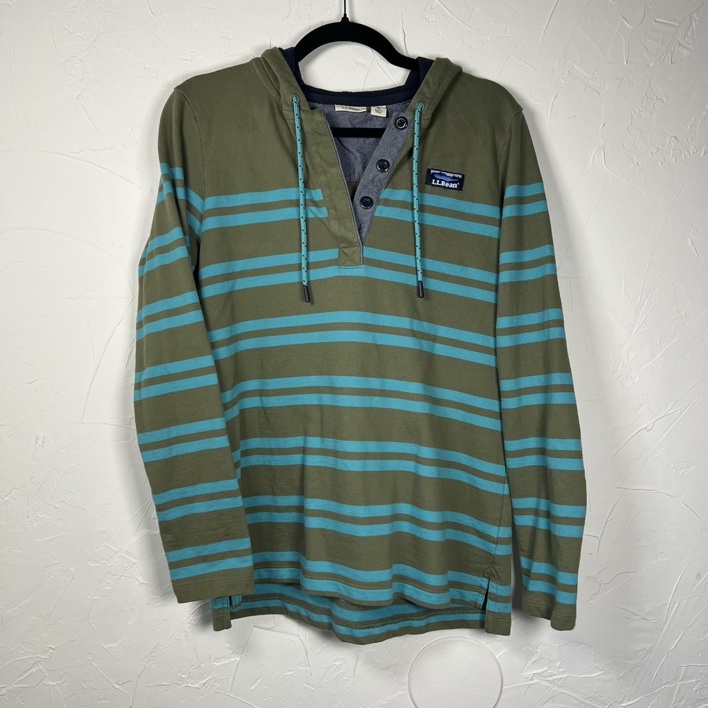 L.L. Bean Olive Green Turquoise Rugby Stripped Hooded Long Sleeve Tee Size XL